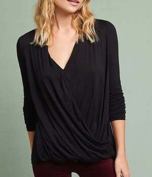 Akemi + Kin by Anthropologie Black Long Sleeve Draped Wrap Front Top